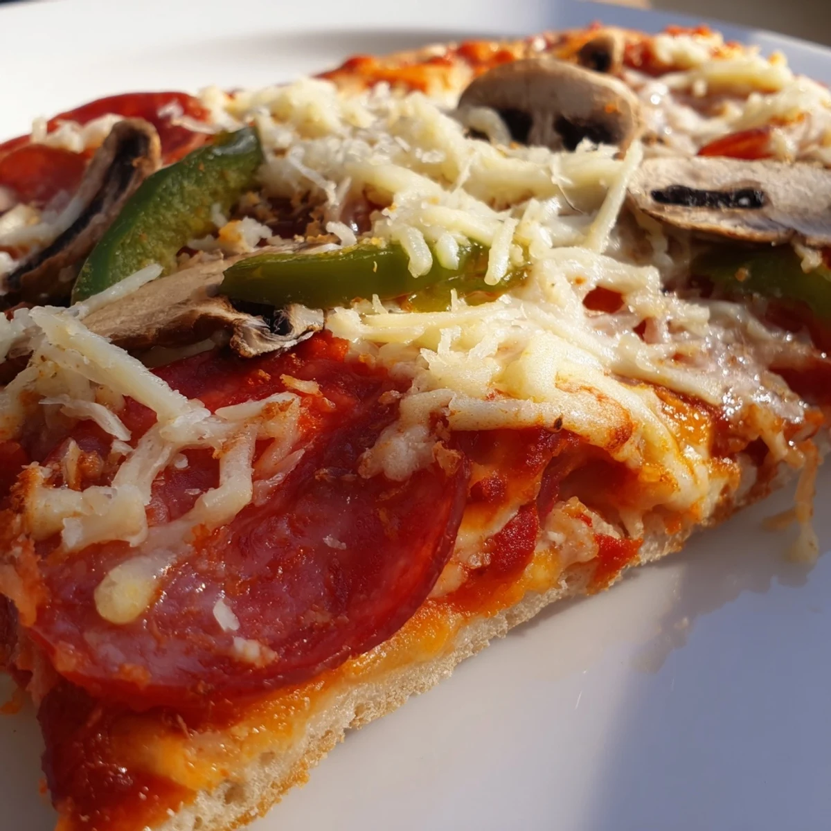 Close-up of a Crispy Crust Pizza slice with a crunchy edge, gooey cheese pull, and vibrant red tomato sauce.