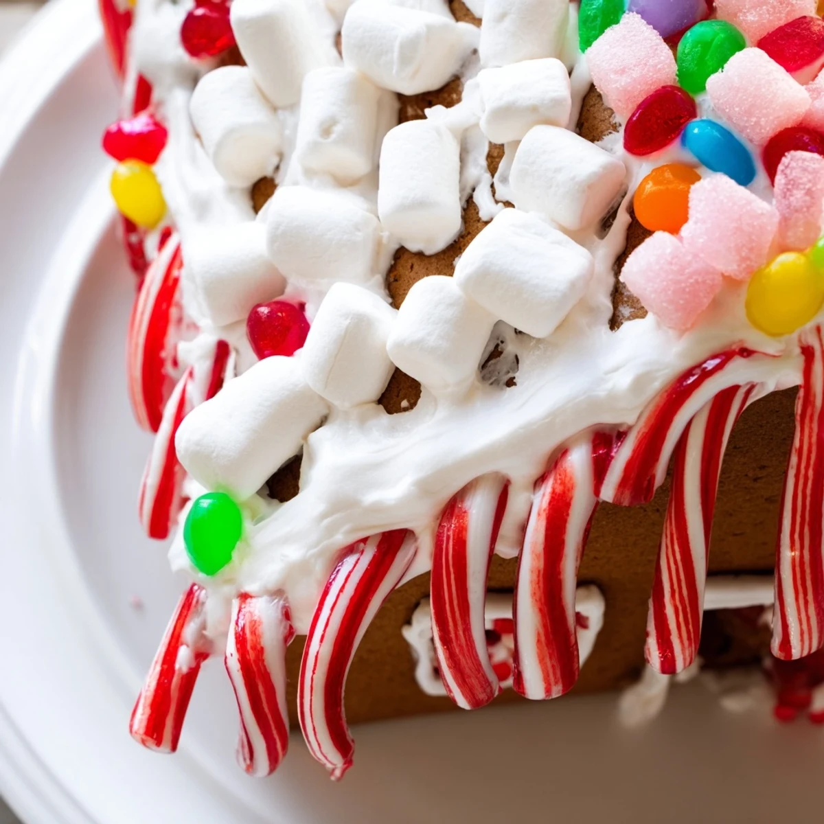 Festive Gingerbread House with Candy, freshly assembled and generously draped with colorful icing and sweets.