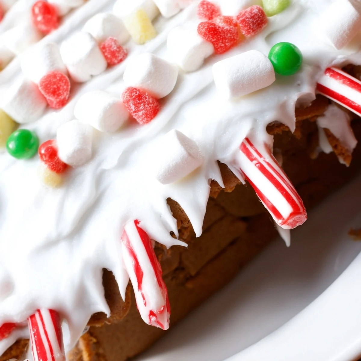 Frosted Gingerbread House with Candy perched on a snowy plate, beside a steaming mug of cocoa.