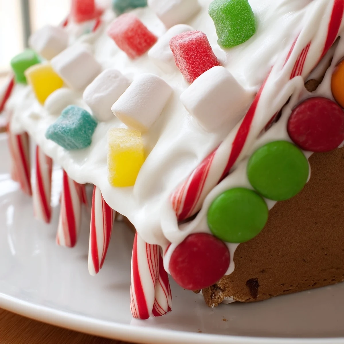 Completed Gingerbread House with Candy, adorned with gumdrops and candy canes, ready for a holiday party.