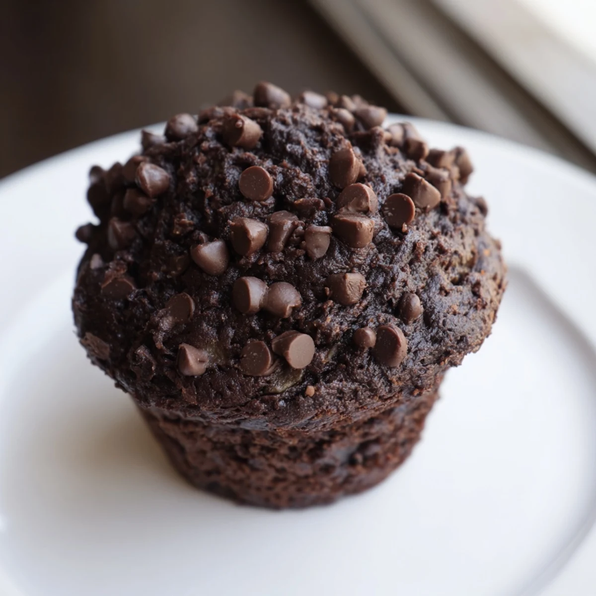 Freshly baked Chocolate Banana Muffins with melty chocolate chips on a cooling rack.