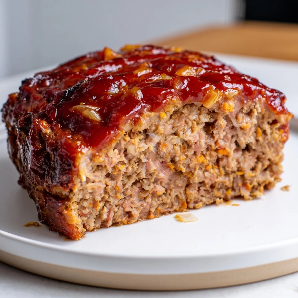 Juicy turkey meatloaf fresh from the oven, featuring a glossy, caramelized ketchup glaze on a rustic wooden cutting board.