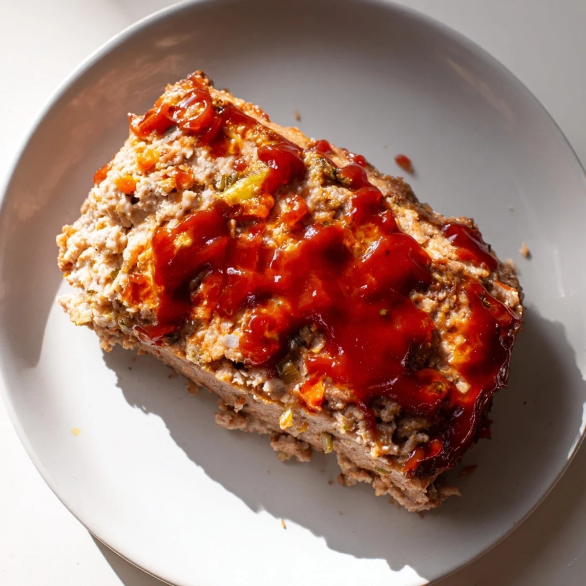 Sliced homemade turkey meatloaf revealing tender ground turkey and veggies, ready to serve with creamy mashed potatoes and green beans.