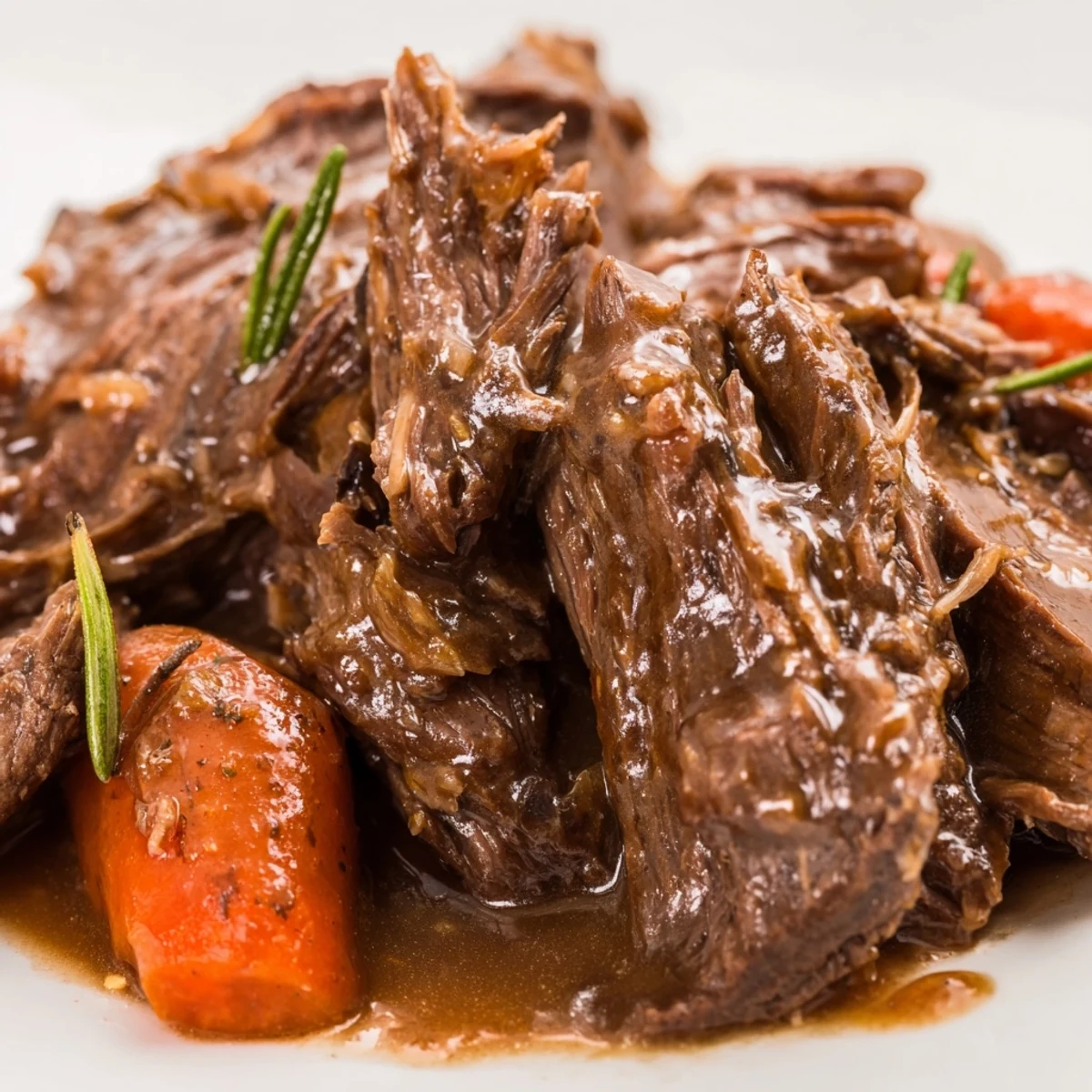 Slow Cooker Pot Roast with Carrots glowing in a deep skillet, braised beef surrounded by soft potatoes and carrots.