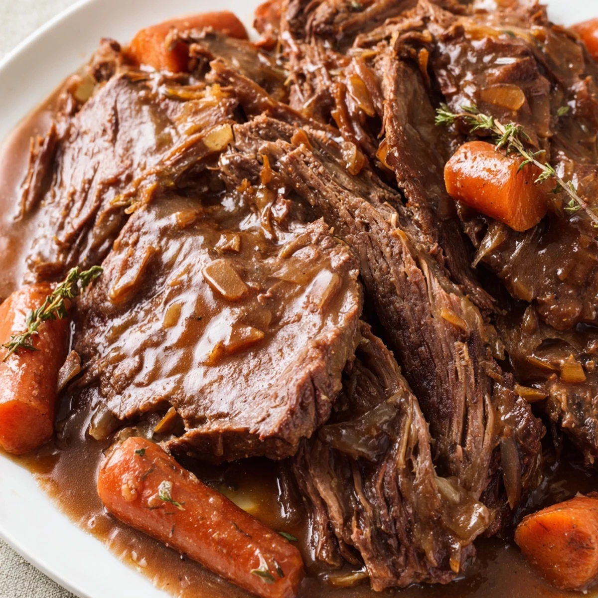 Juicy Slow Cooker Pot Roast with Carrots plated with carrots and onions, drizzled with a rich, glossy gravy.