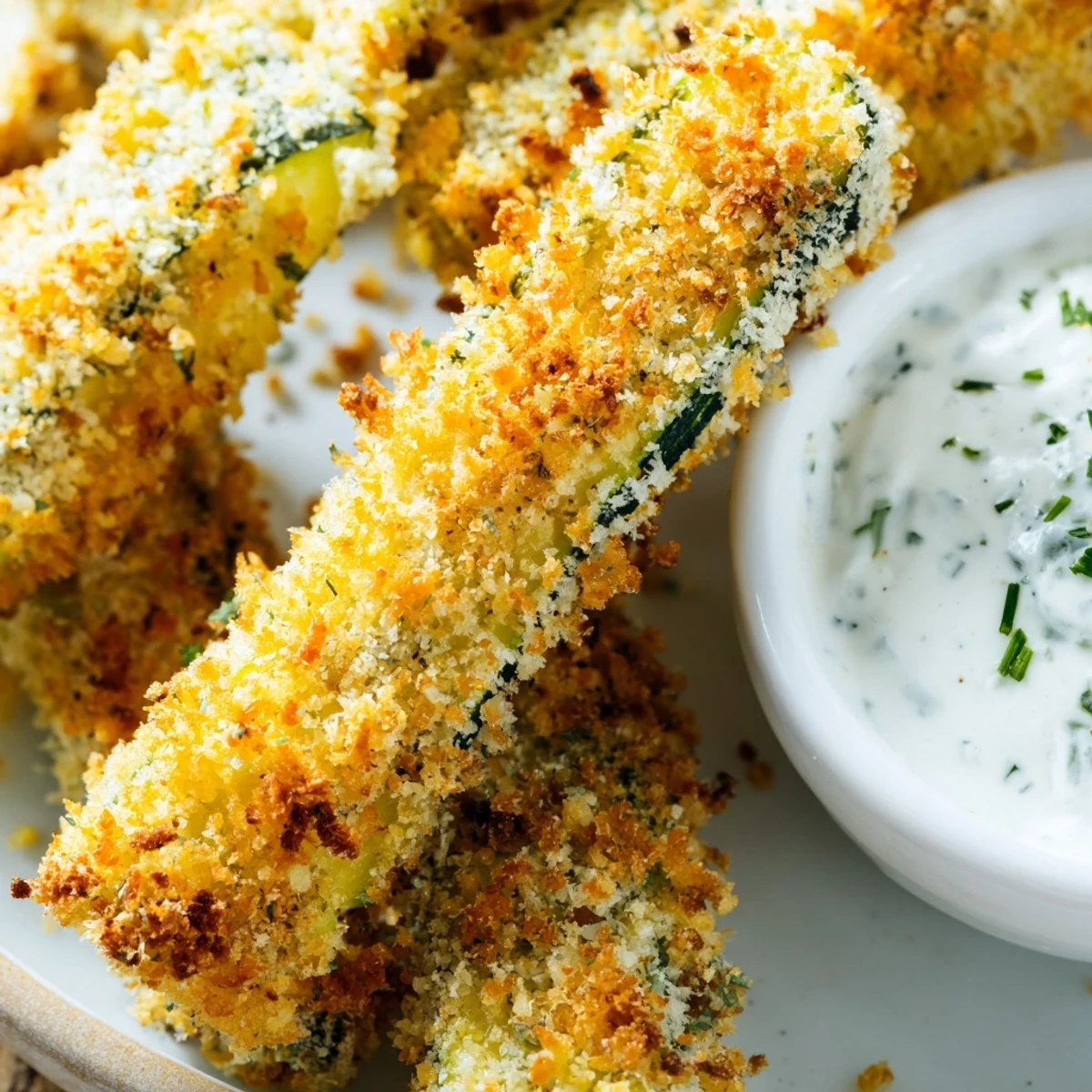 Golden-brown Crispy Zucchini Fries with Ranch dip arranged on a rustic wooden platter, perfect for a light appetizer.