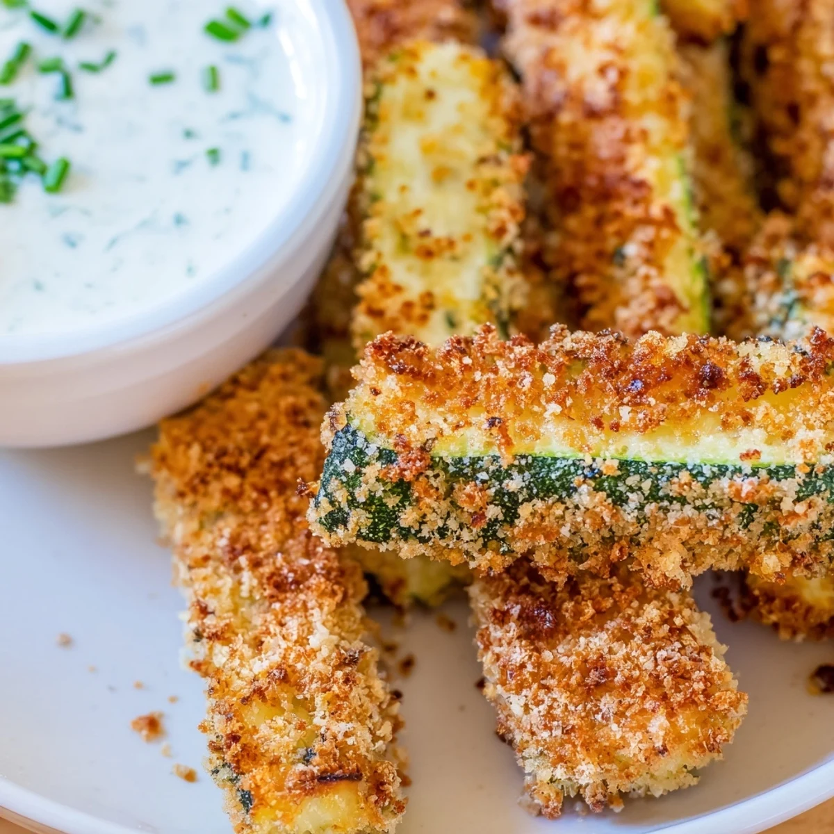 Freshly baked Crispy Zucchini Fries with Ranch served beside a creamy dip and lemon wedges on a plate.