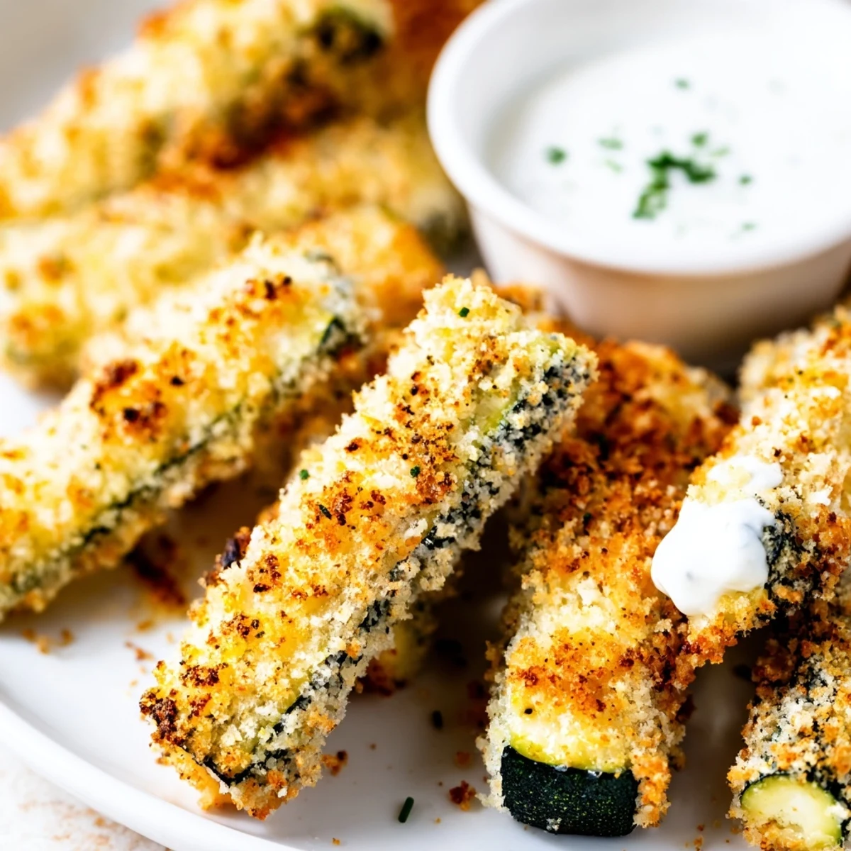 Close-up of Crispy Zucchini Fries with Ranch showcasing golden panko crumbs and a side of fresh herbs for dipping.