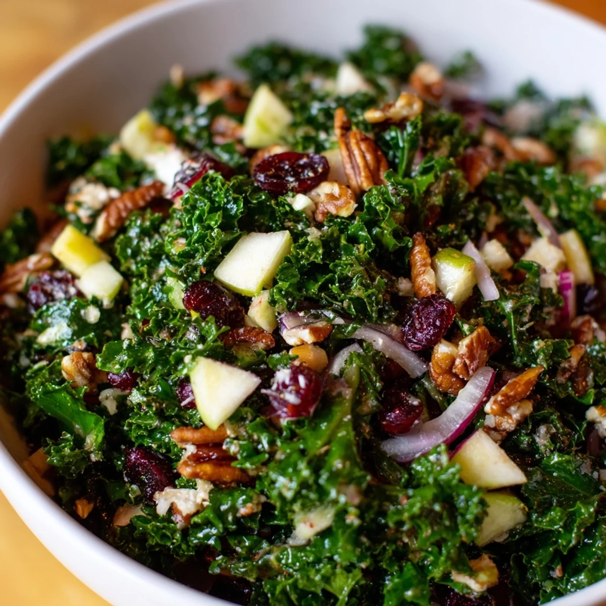 Freshly massaged kale tossed with sweet dried cranberries, toasted pecans, and creamy feta, drizzled with zesty citrus vinaigrette for a bright winter salad.