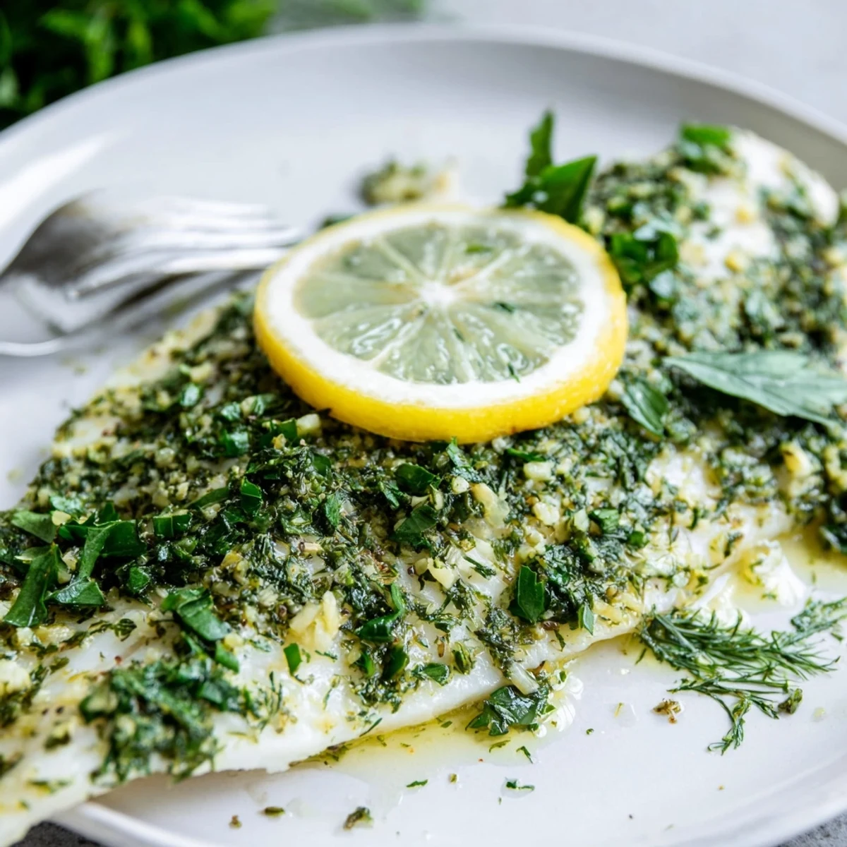 Golden-brown baked tilapia with herbs, lemon slices, and minced garlic on a baking sheet, ready to serve.