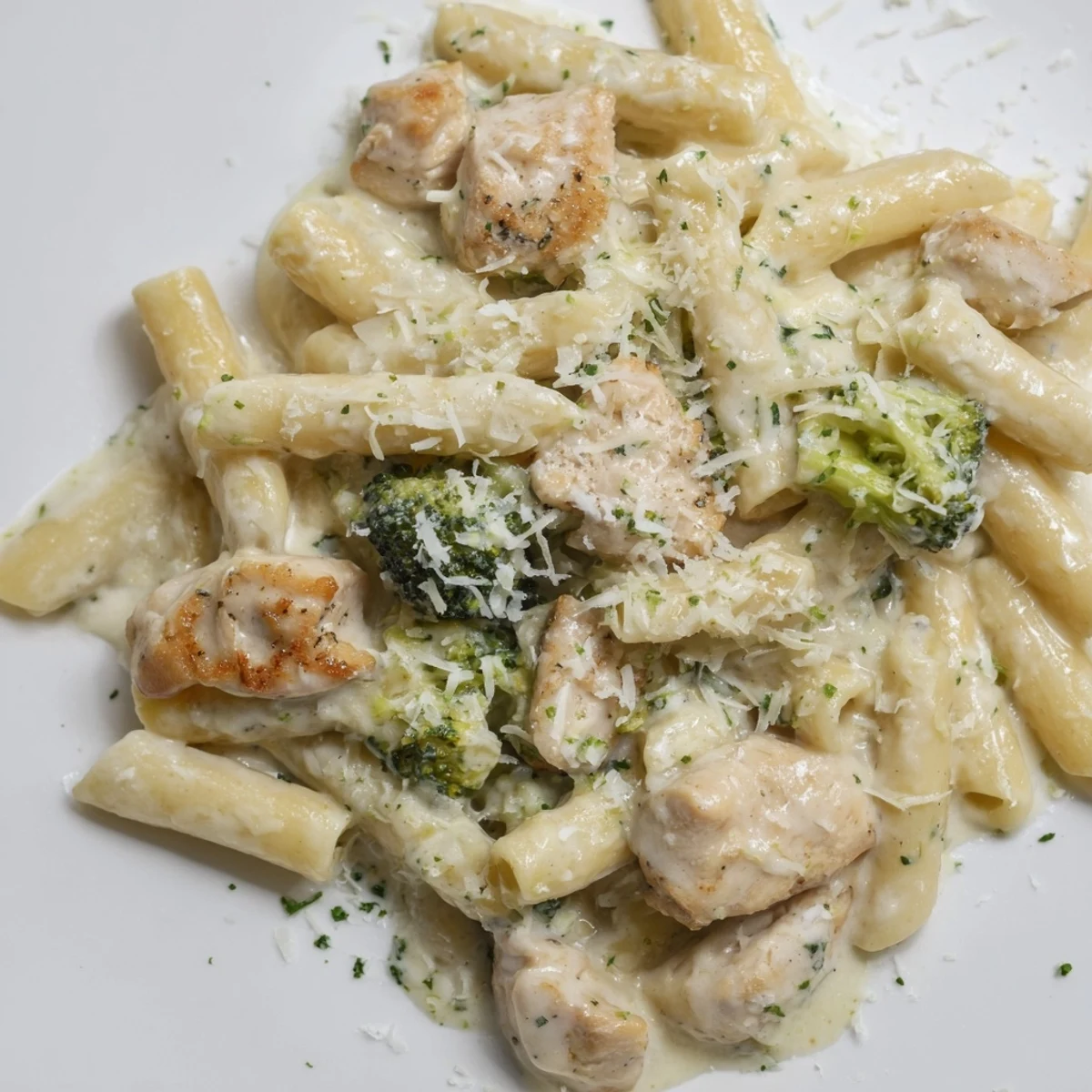 Golden penne pasta and tender chicken pieces coated in a rich, creamy Parmesan sauce, with vibrant green broccoli florets for a comforting main dish.