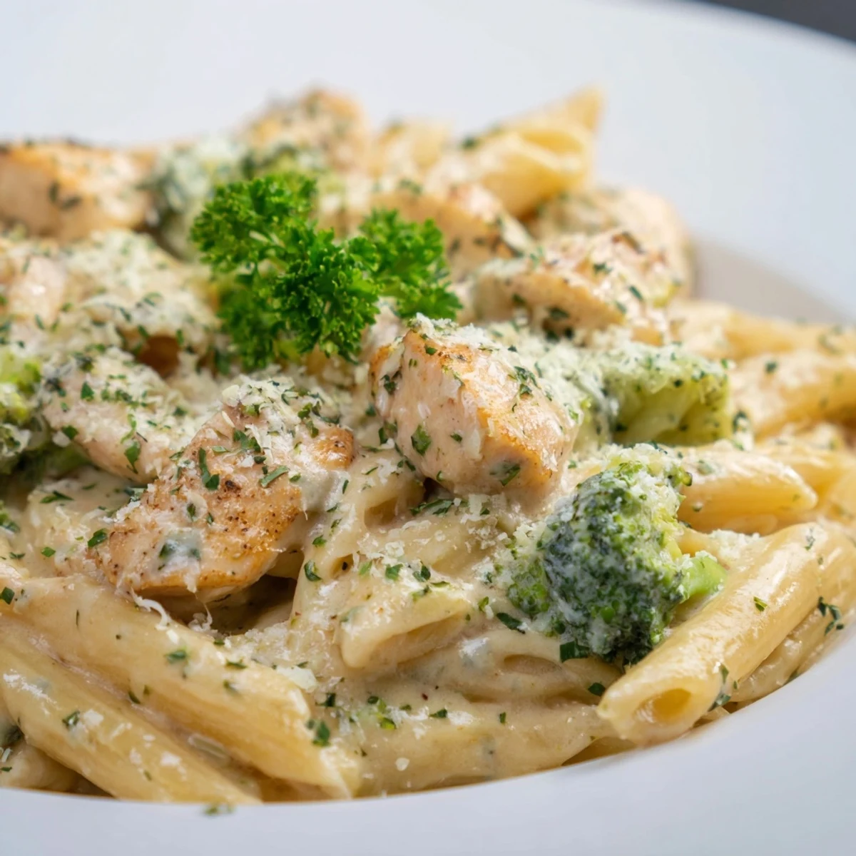 Close-up on a fork lifting a bite of creamy broccoli pasta with chicken, showcasing the glossy sauce clinging to the penne and broccoli florets.