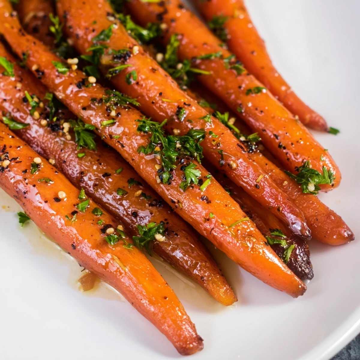 Golden roasted carrots with maple glaze on a white plate, garnished with fresh parsley.