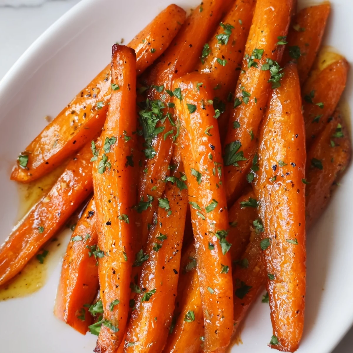 Caramelized roasted carrots with maple glaze and a buttery sheen, ready to serve.