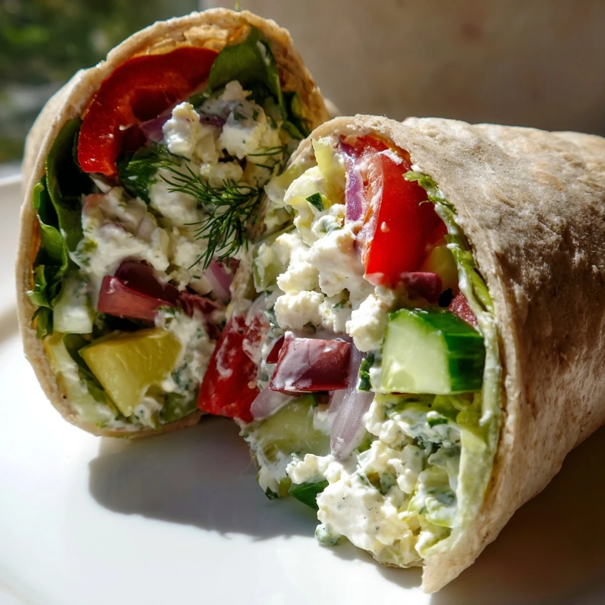 Freshly prepared Mediterranean Wrap with Feta sliced to reveal crisp lettuce, tomato, and cucumber inside a soft whole wheat tortilla. 