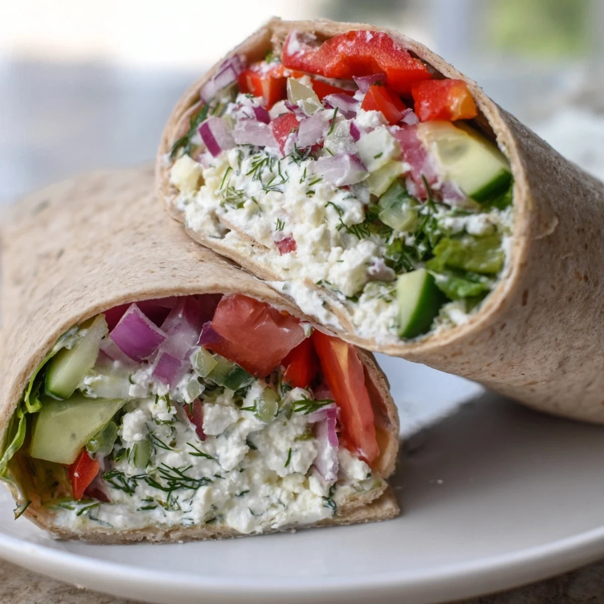 Mediterranean Wrap with Feta rolls displayed on a white plate, drizzled with tangy yogurt dressing and garnished with chopped dill. 