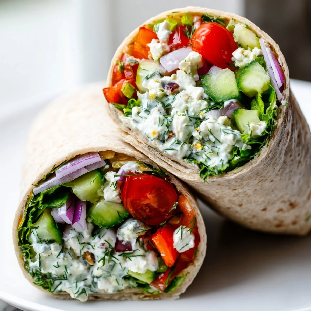 Close-up of a Mediterranean Wrap with Feta, featuring crumbled cheese and vibrant roasted red peppers for a quick vegetarian lunch.