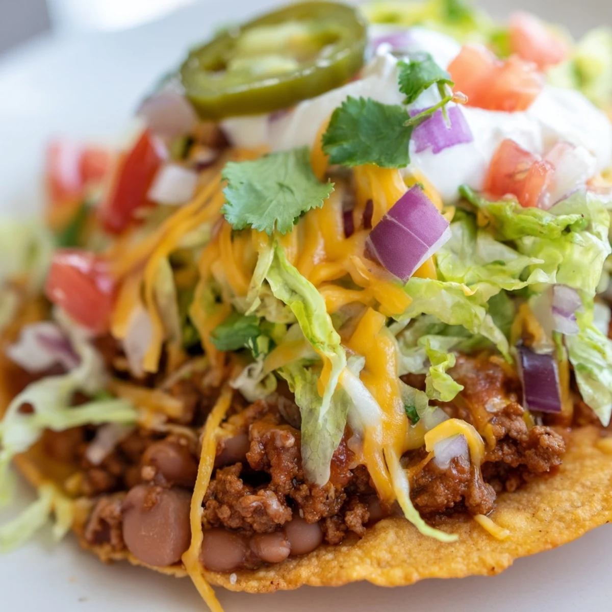 Golden tostada shells layered with warm beef, melted Mexican cheese blend, and fresh pico de gallo. Garnished with chopped cilantro and jalapeño slices for a spicy kick.