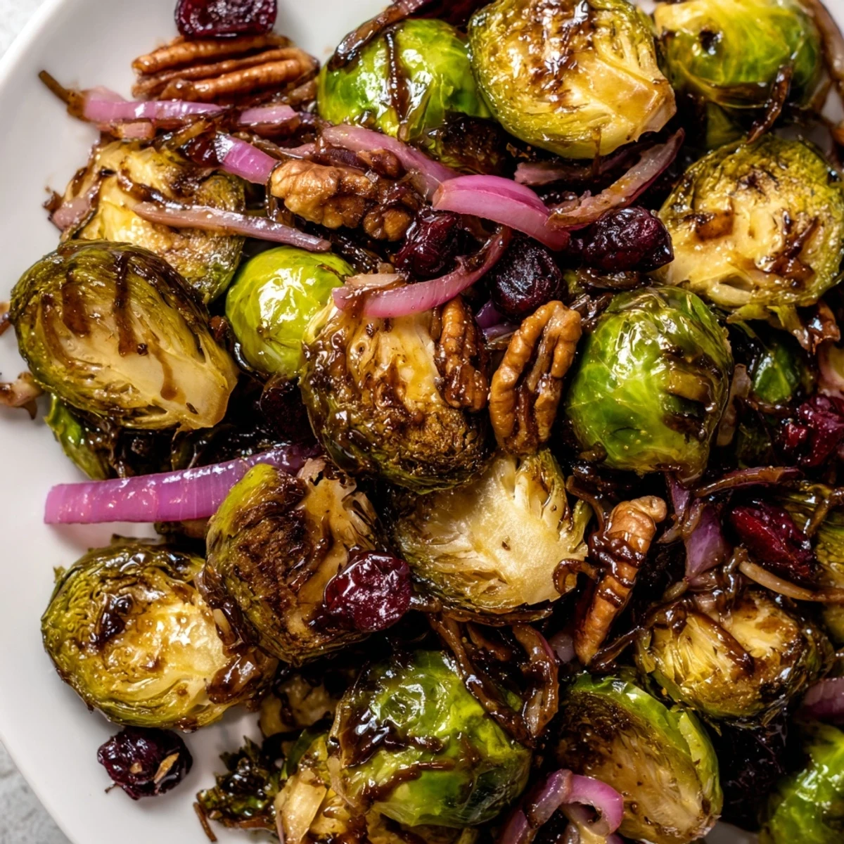 Roasted Brussels Sprouts with Cranberries served warm with toasted pecans alongside a holiday turkey dinner.