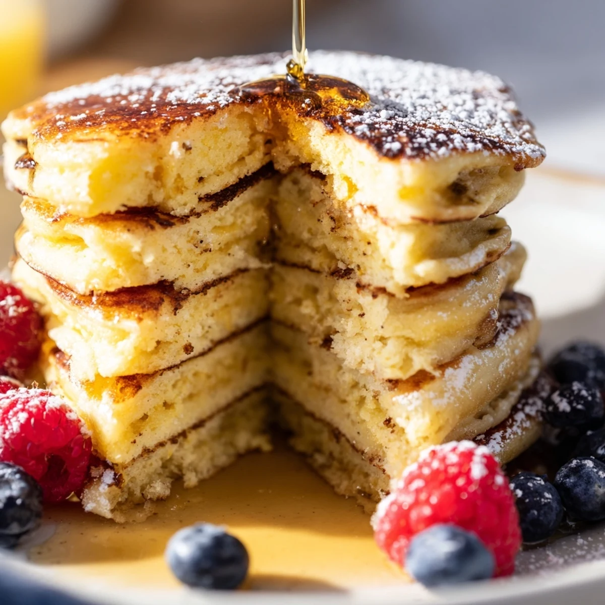 Stack of golden Lemon Ricotta Pancakes drizzled with maple syrup and served with vibrant fresh berries.