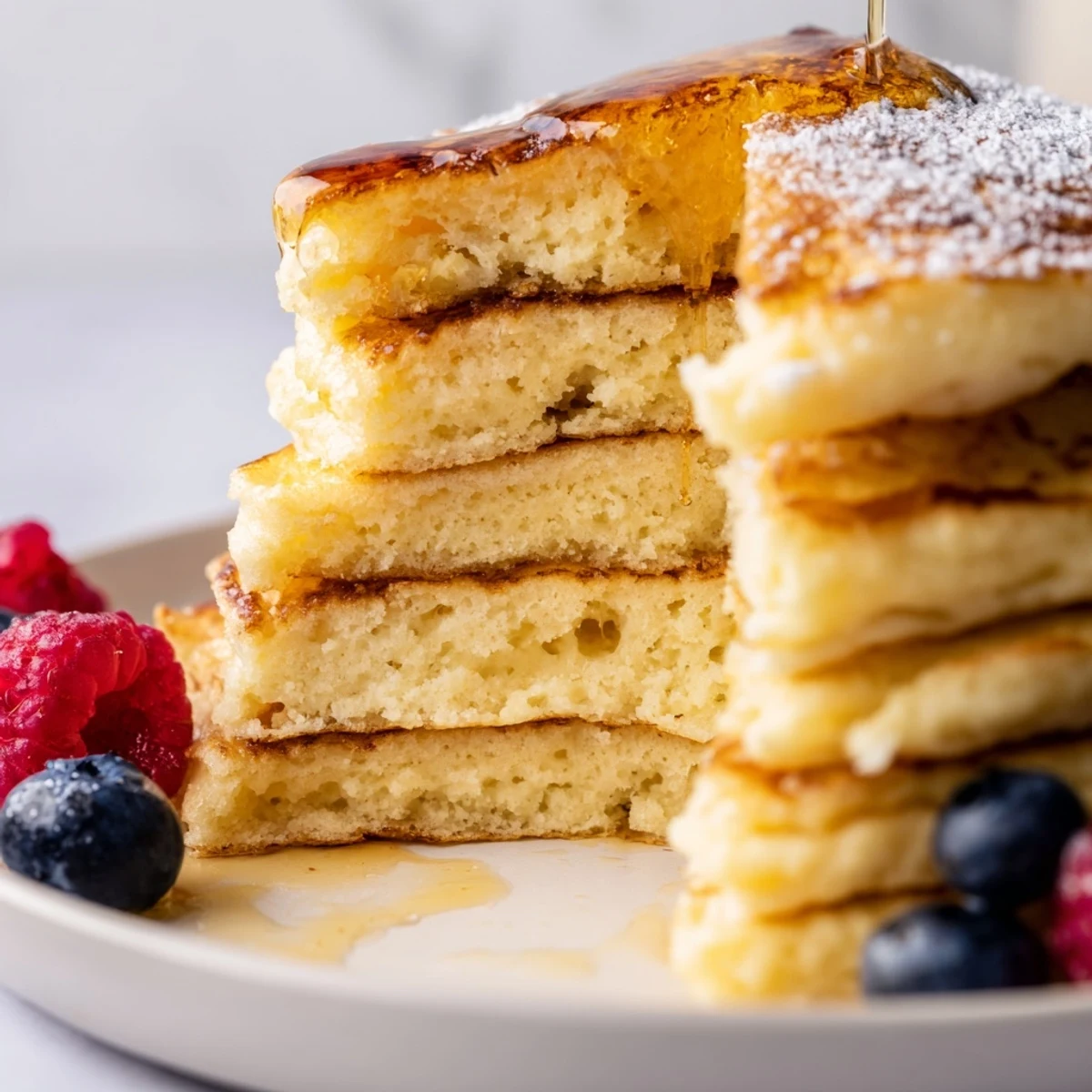Fluffy Lemon Ricotta Pancakes topped with warm maple syrup on a white plate, garnished with fresh lemon zest.
