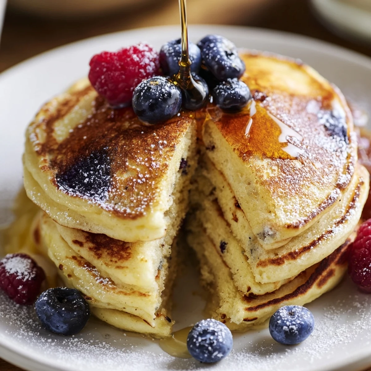 Freshly cooked Lemon Ricotta Pancakes on a skillet, warm and fluffy, ready to be drizzled with syrup.