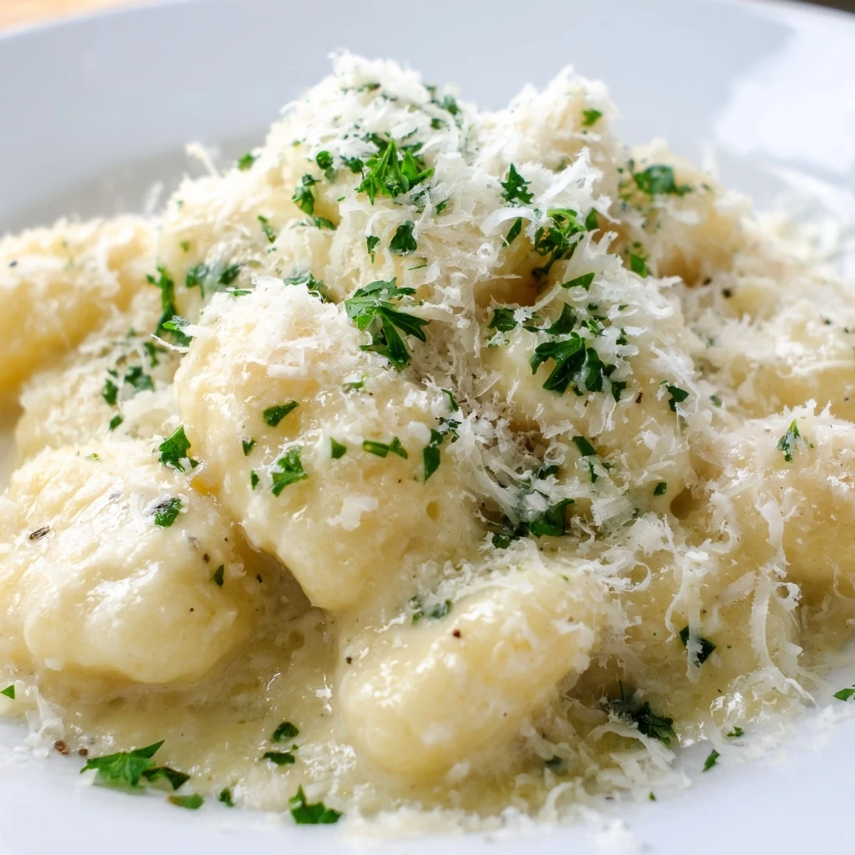 Creamy Garlic Parmesan Gnocchi served in a white bowl with fresh parsley, a fork resting beside it.