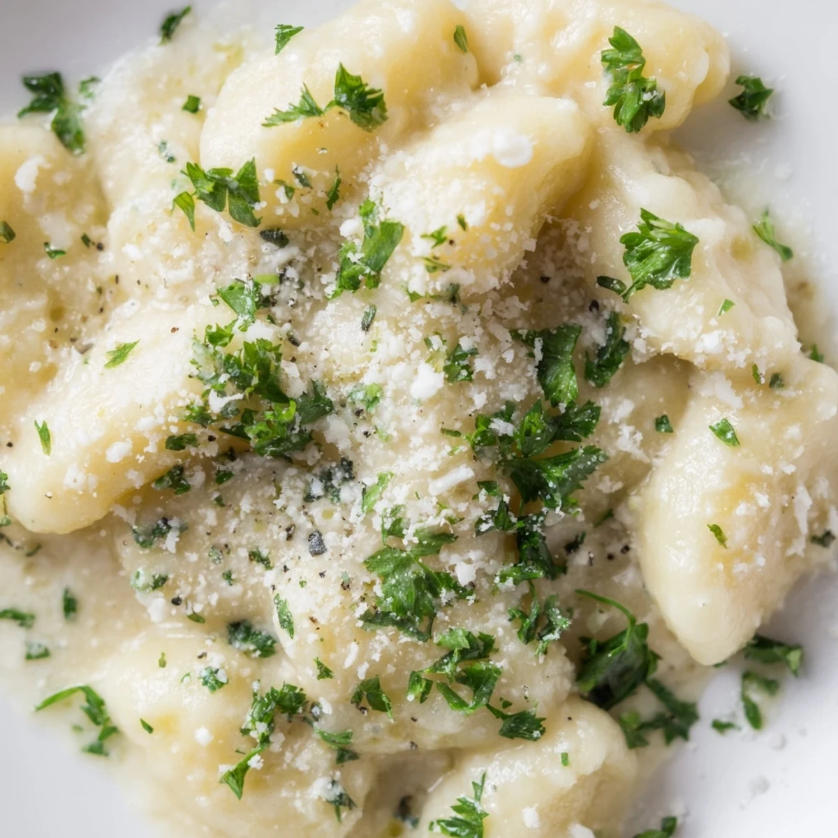 Golden-brown pan-seared gnocchi coated in rich Creamy Garlic Parmesan Gnocchi sauce, garnished with fresh parsley.