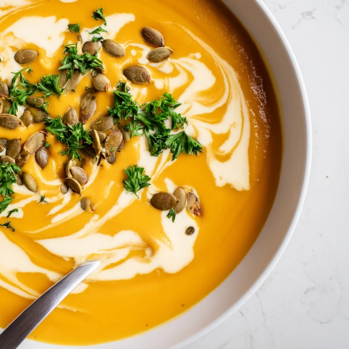 Creamy, velvety Winter Squash Soup with Apple garnished with toasted pumpkin seeds and fresh parsley.