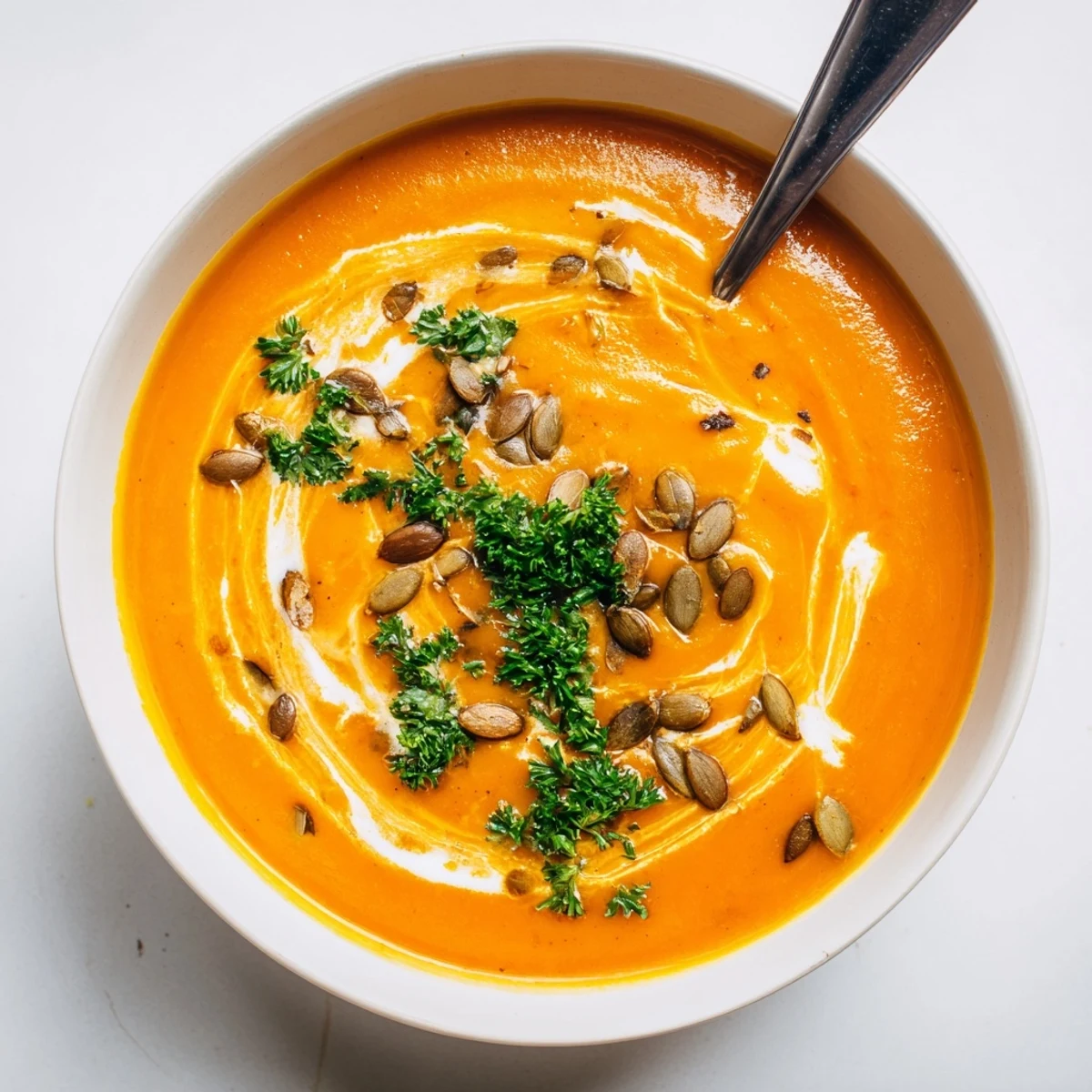 Golden-blended Winter Squash Soup with Apple in a white bowl, topped with a drizzle of cream.