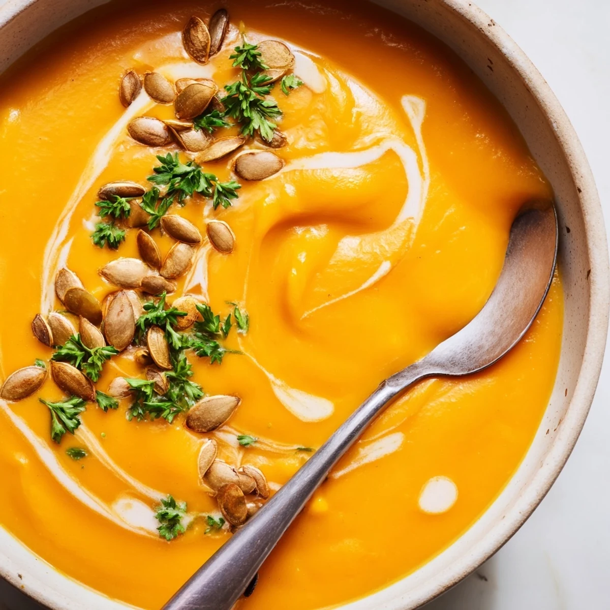 A bowl of spiced Winter Squash Soup with Apple next to crusty bread on a rustic table.
