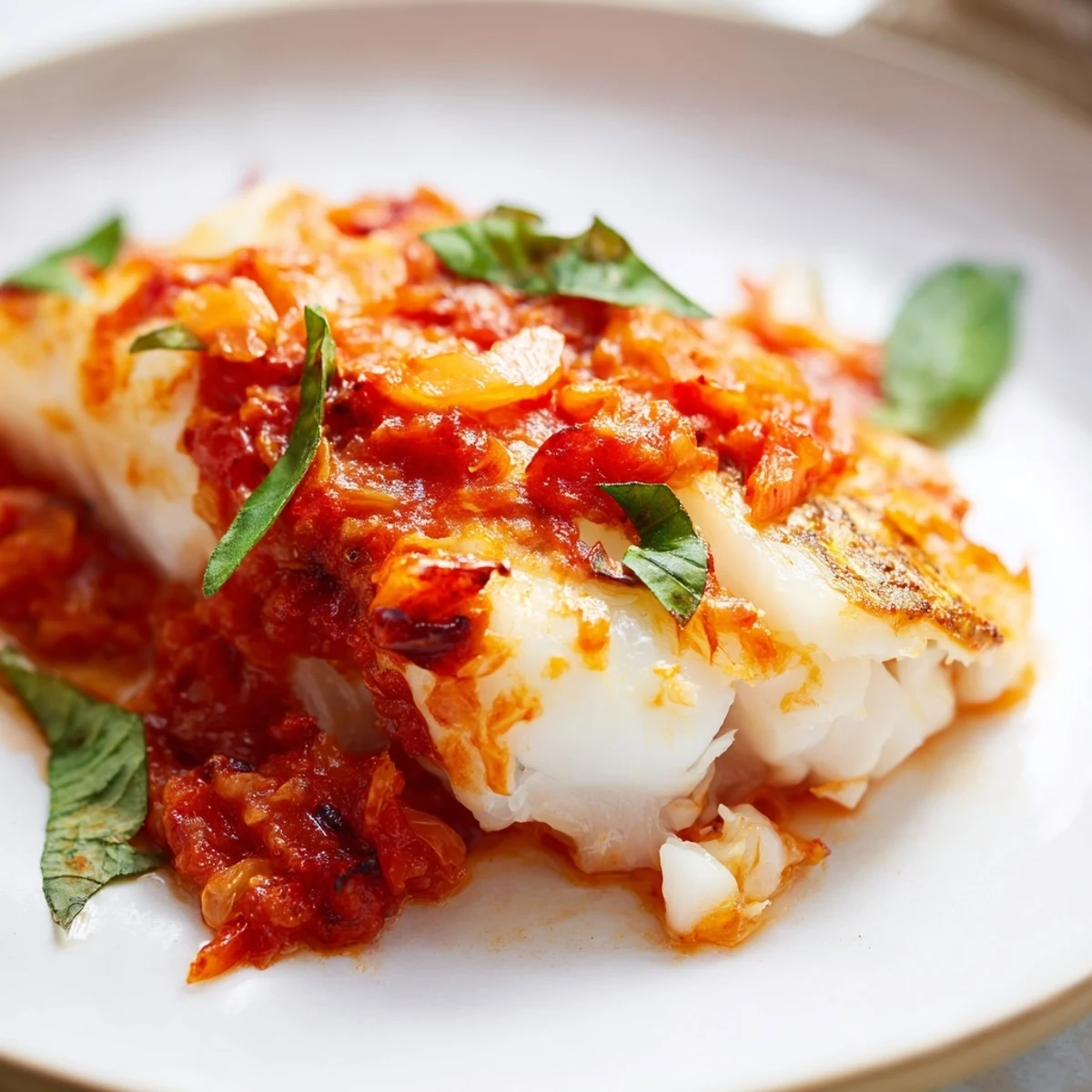 Golden-baked Baked Cod with Tomato Basil Sauce, garnished with fresh basil, paired with roasted potatoes on a rustic plate.