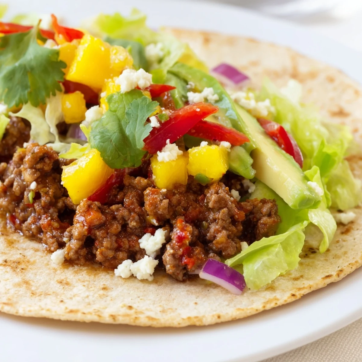 Freshly made Spicy Beef Tacos with Mango Salsa sit on a rustic wooden table. Warm corn tortillas are stuffed with savory ground beef and bright, diced mango.