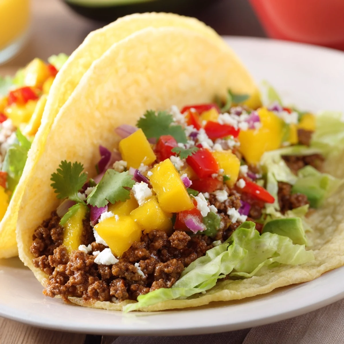 Overhead view of Spicy Beef Tacos with Mango Salsa ready to eat. Fresh lime wedges and cilantro garnish the plate, perfect for a festive taco night dinner.