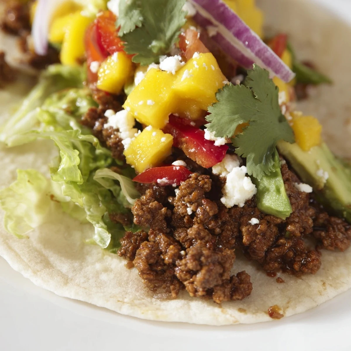 A close-up shot highlights Spicy Beef Tacos with Mango Salsa. Juicy beef crumbles are topped with vibrant red onion and jalapeño for a sweet and spicy bite.