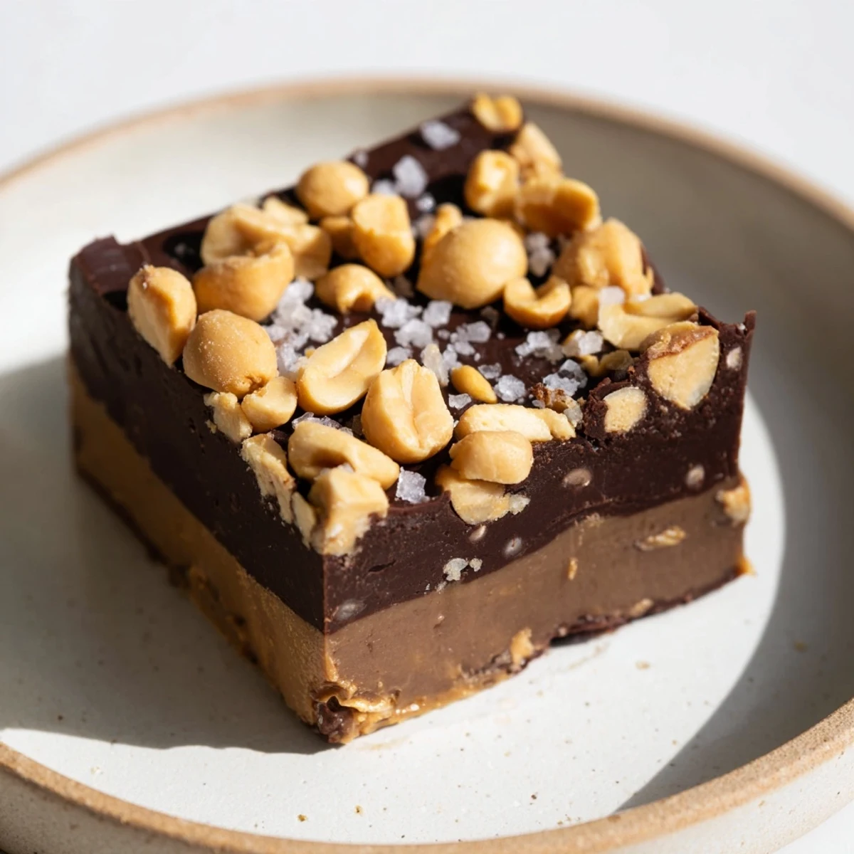 Freshly cut squares of rich chocolate peanut butter fudge show a creamy, layered texture on a rustic wooden board.