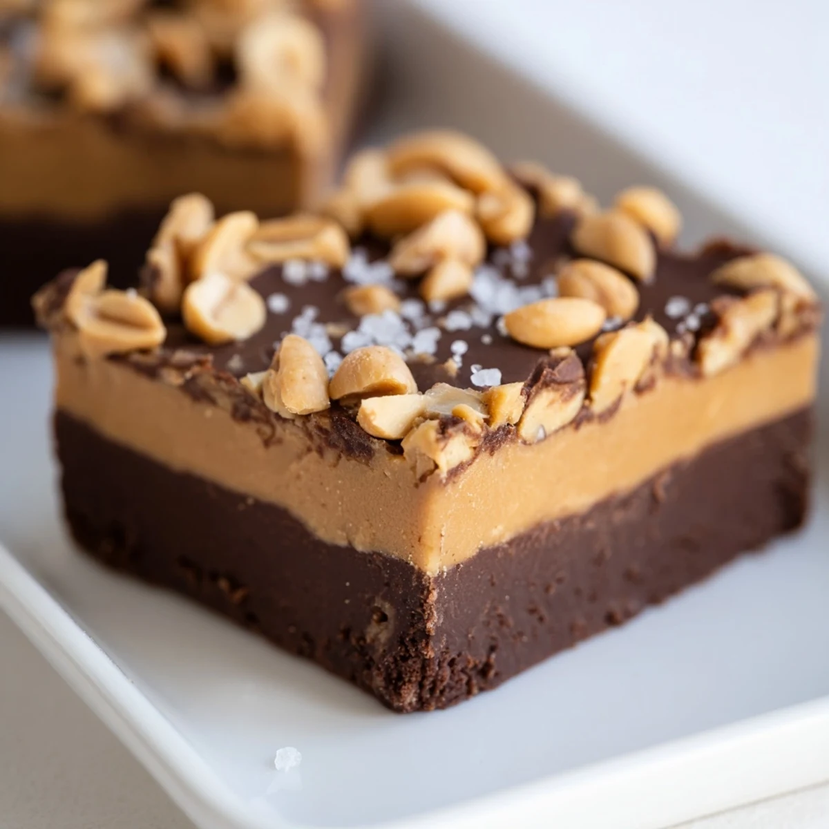 A close-up view highlights the smooth peanut butter topping over a glossy chocolate layer in this classic fudge.