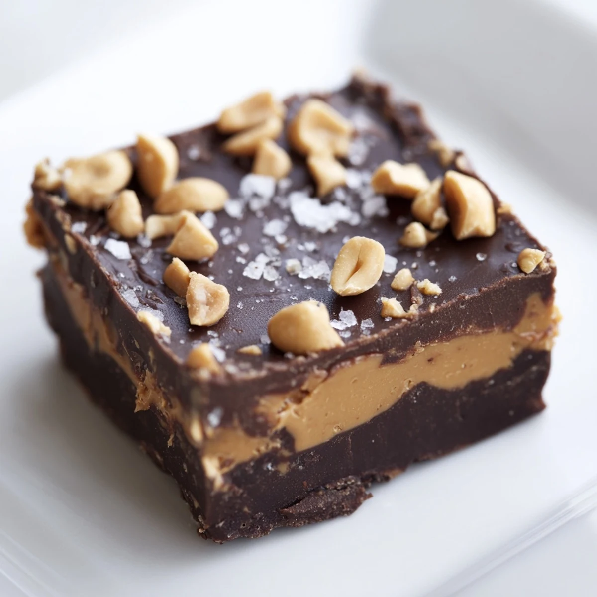 Homemade chocolate peanut butter fudge pieces are stacked on a marble counter, ready to serve as sweet treats.