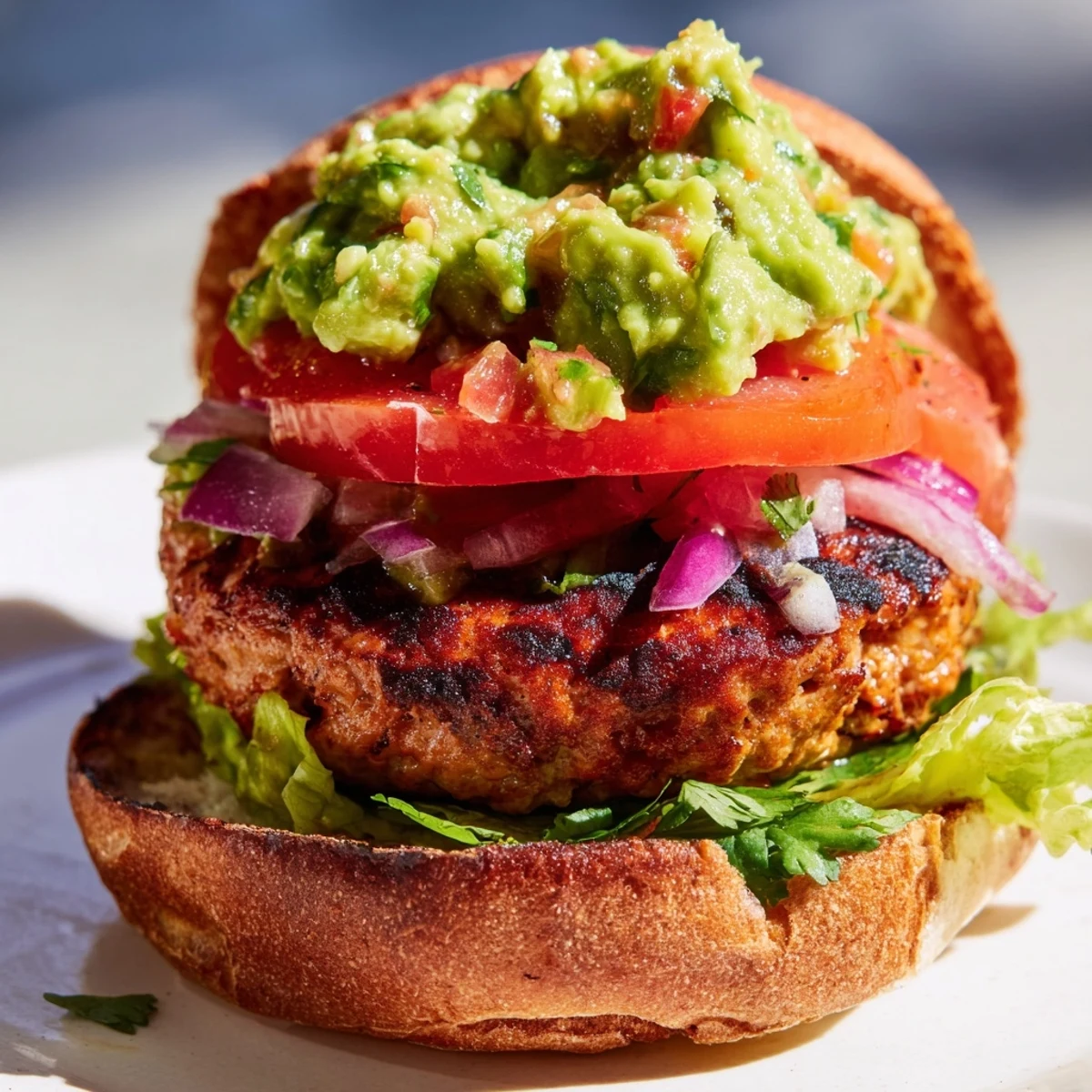Close-up of a toasted bun stacked with a juicy turkey burger, melted guacamole, and crisp lettuce for a delicious meal.