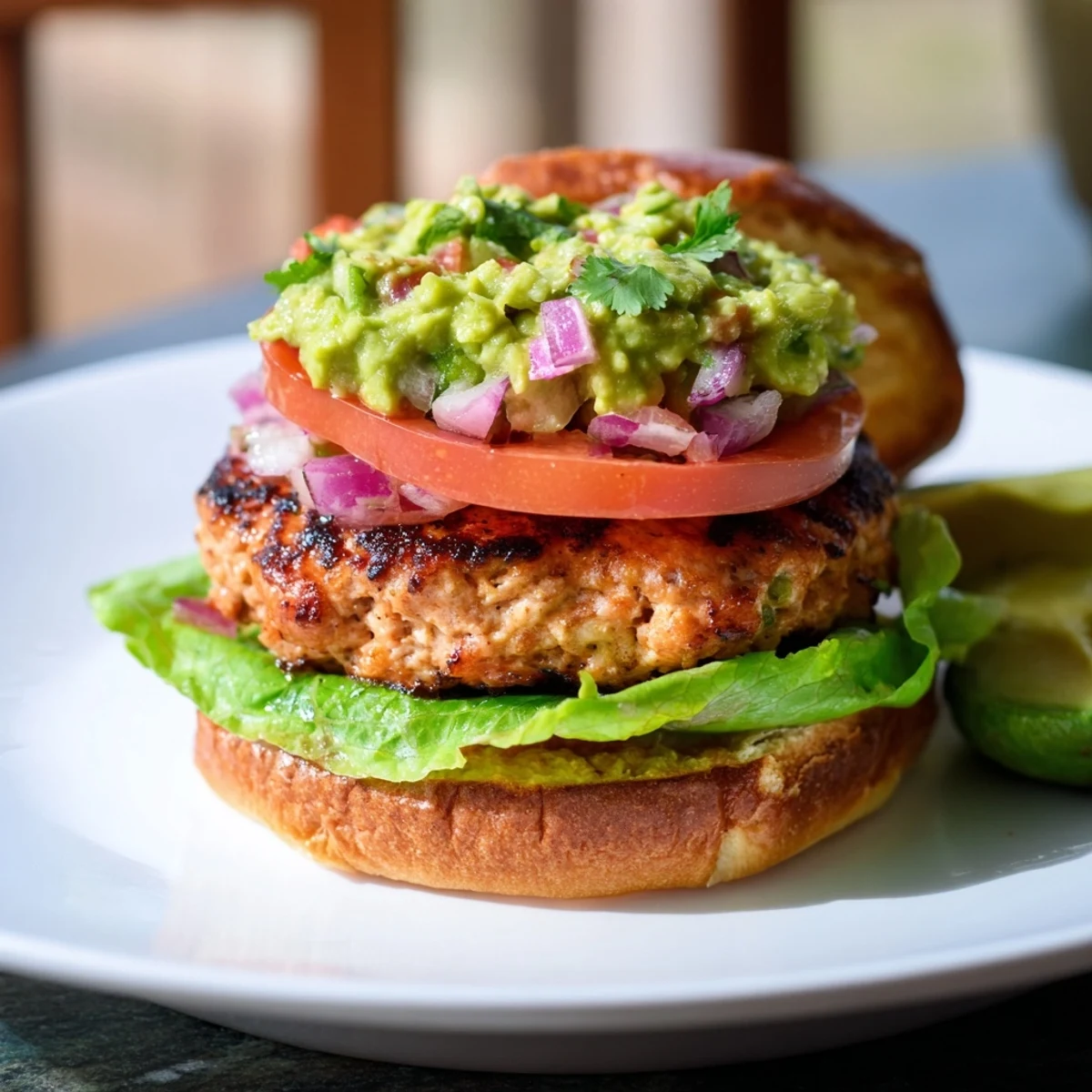 Fully assembled Turkey Burger with Guacamole on a plate, garnished with red onion slices and a side of sweet potato fries.
