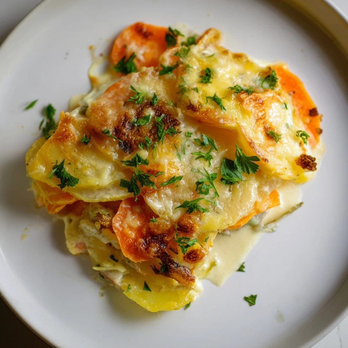 Golden, bubbly Winter Vegetable Gratin with Gruyere fresh from the oven in a baking dish.