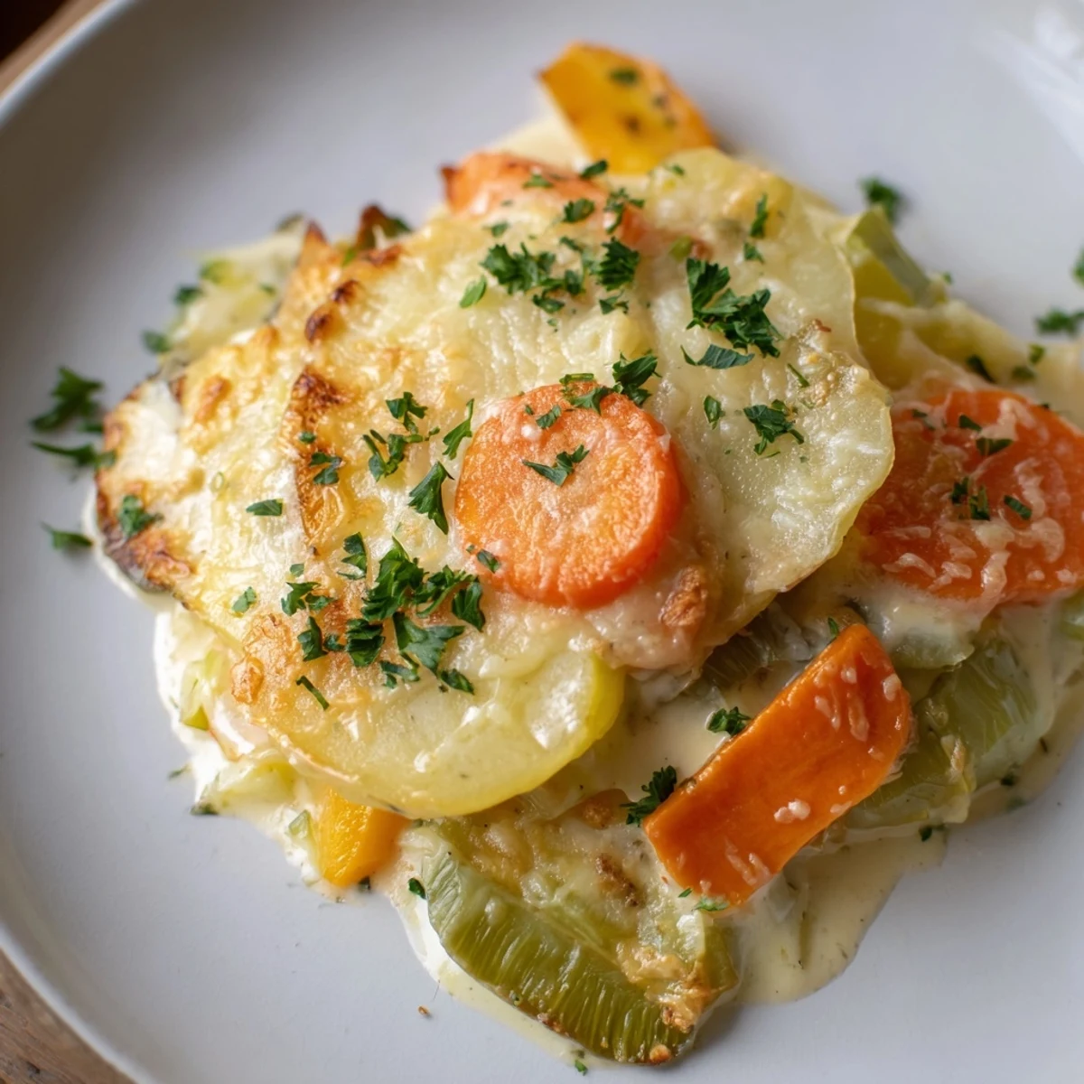 Sliced parsnips, carrots, and potatoes layered in a creamy sauce topped with melted cheese.