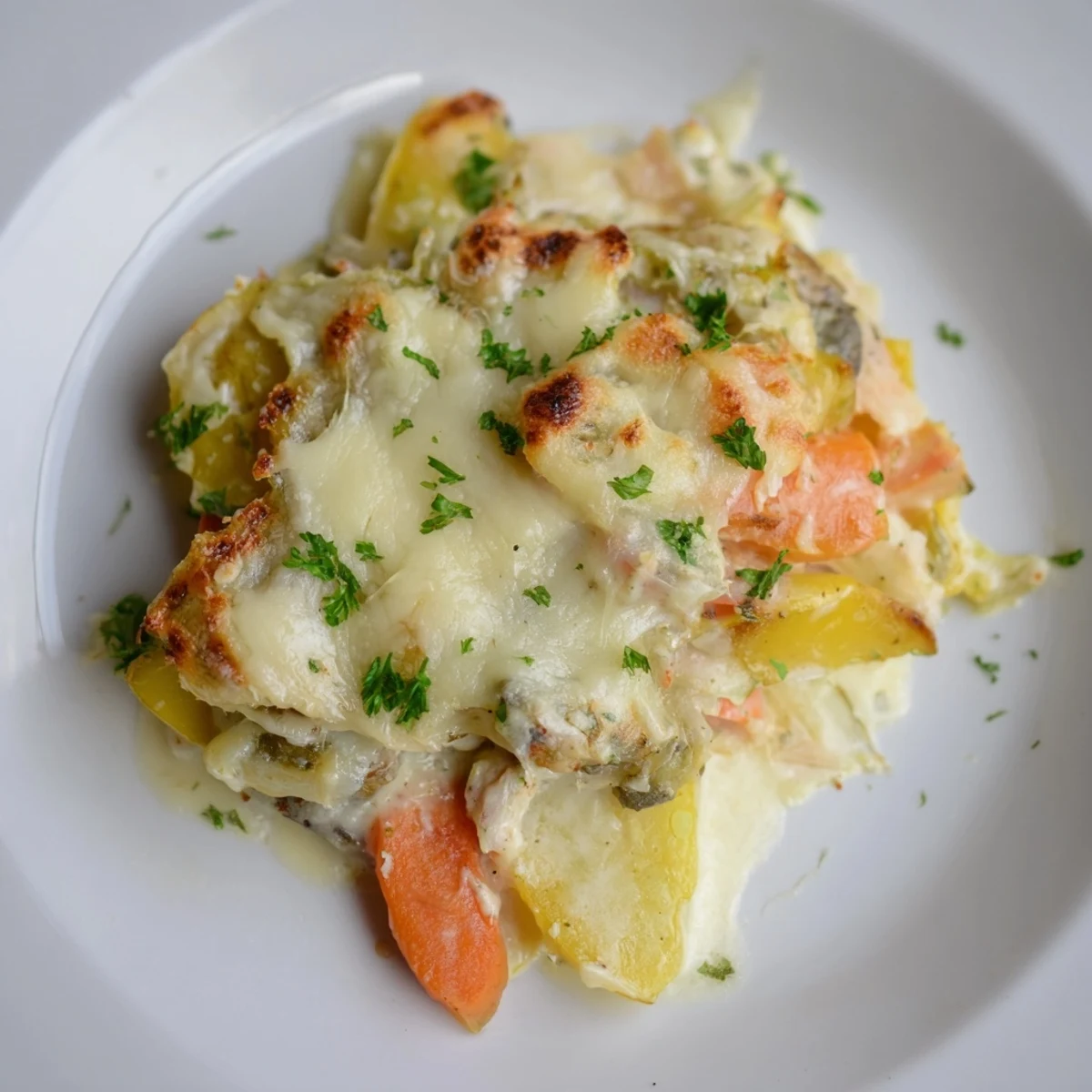 A serving spoon scoops a hearty portion of vegetarian Winter Vegetable Gratin with Gruyere.