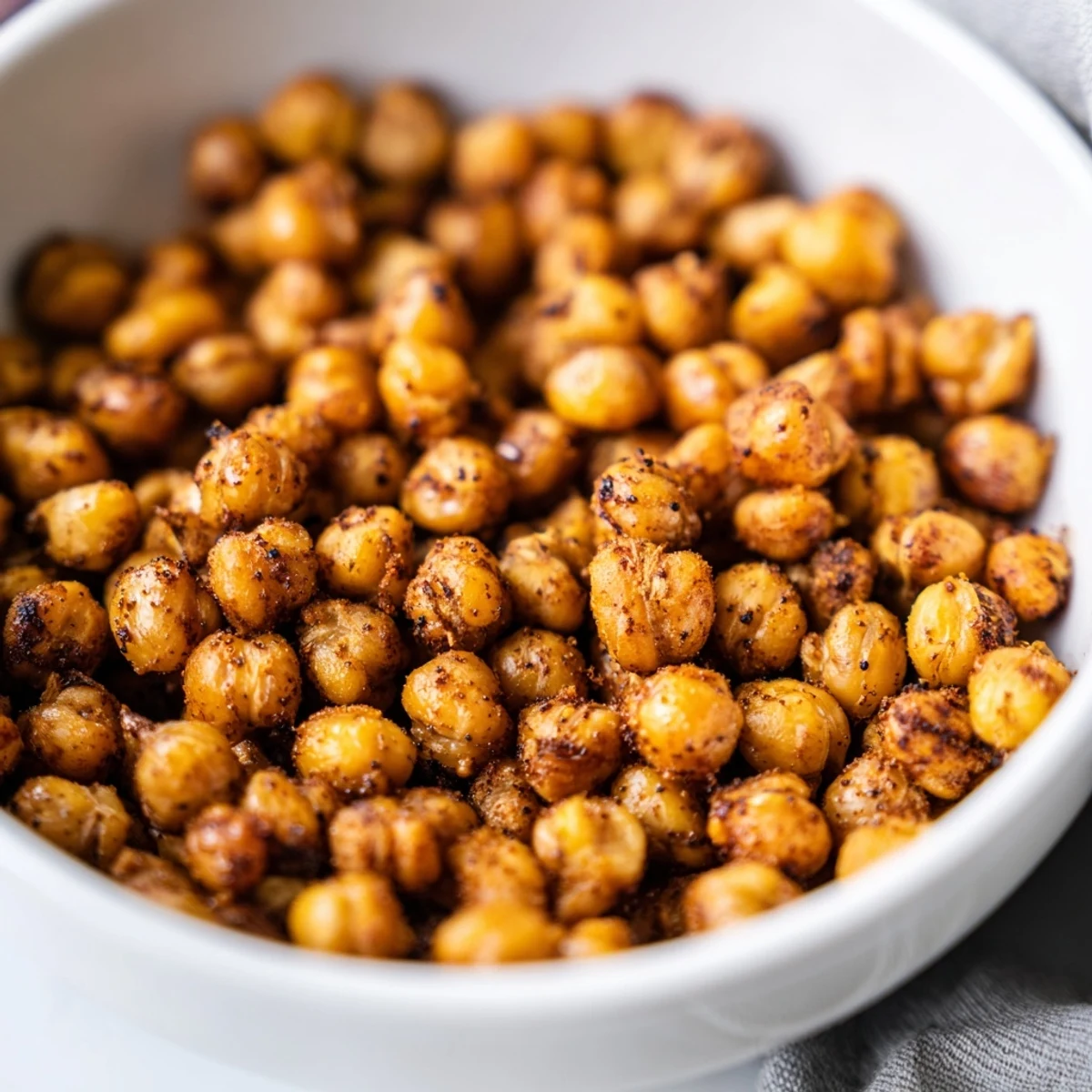 A bowl of Spicy Roasted Chickpeas with Cumin served as a crunchy salad topper.