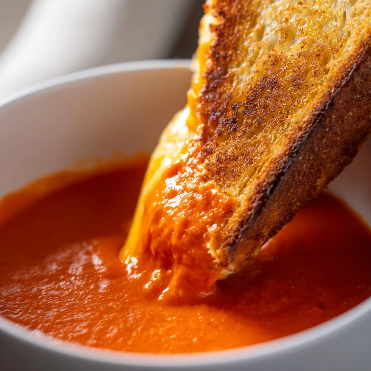 Velvety Creamy Tomato Soup with Grilled Cheese Dippers brightened with fresh basil, ideal for cozy lunches or dinners.