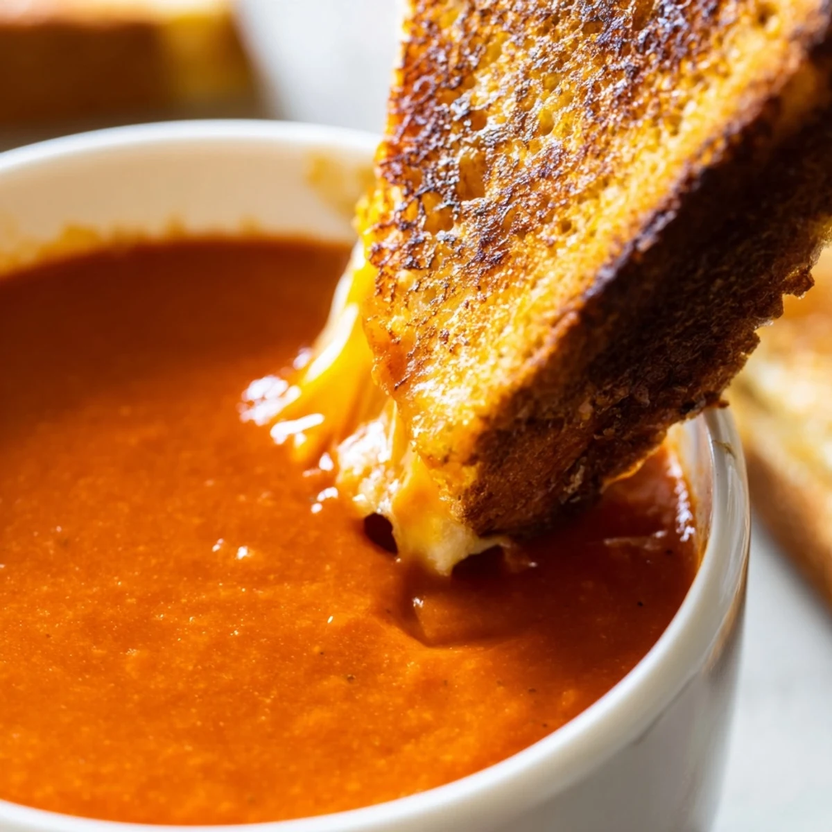 Creamy Tomato Soup with Grilled Cheese Dippers served steaming in a white bowl beside golden, melty sandwich strips.
