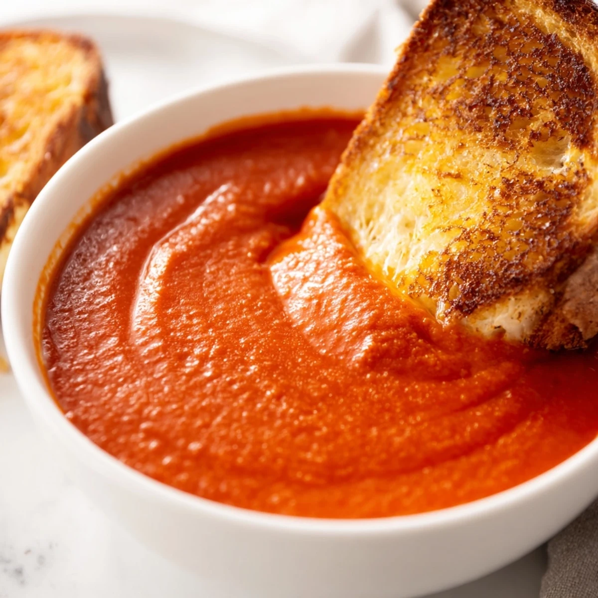 Rich Creamy Tomato Soup with Grilled Cheese Dippers in a rustic setup, ready for dipping and family-friendly comfort.