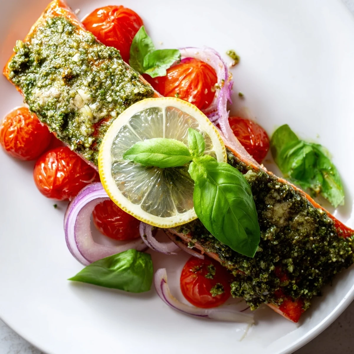 Flaky Baked Salmon with Pesto and Cherry Tomatoes served alongside roasted tomatoes and lemon wedges for a bright finish.