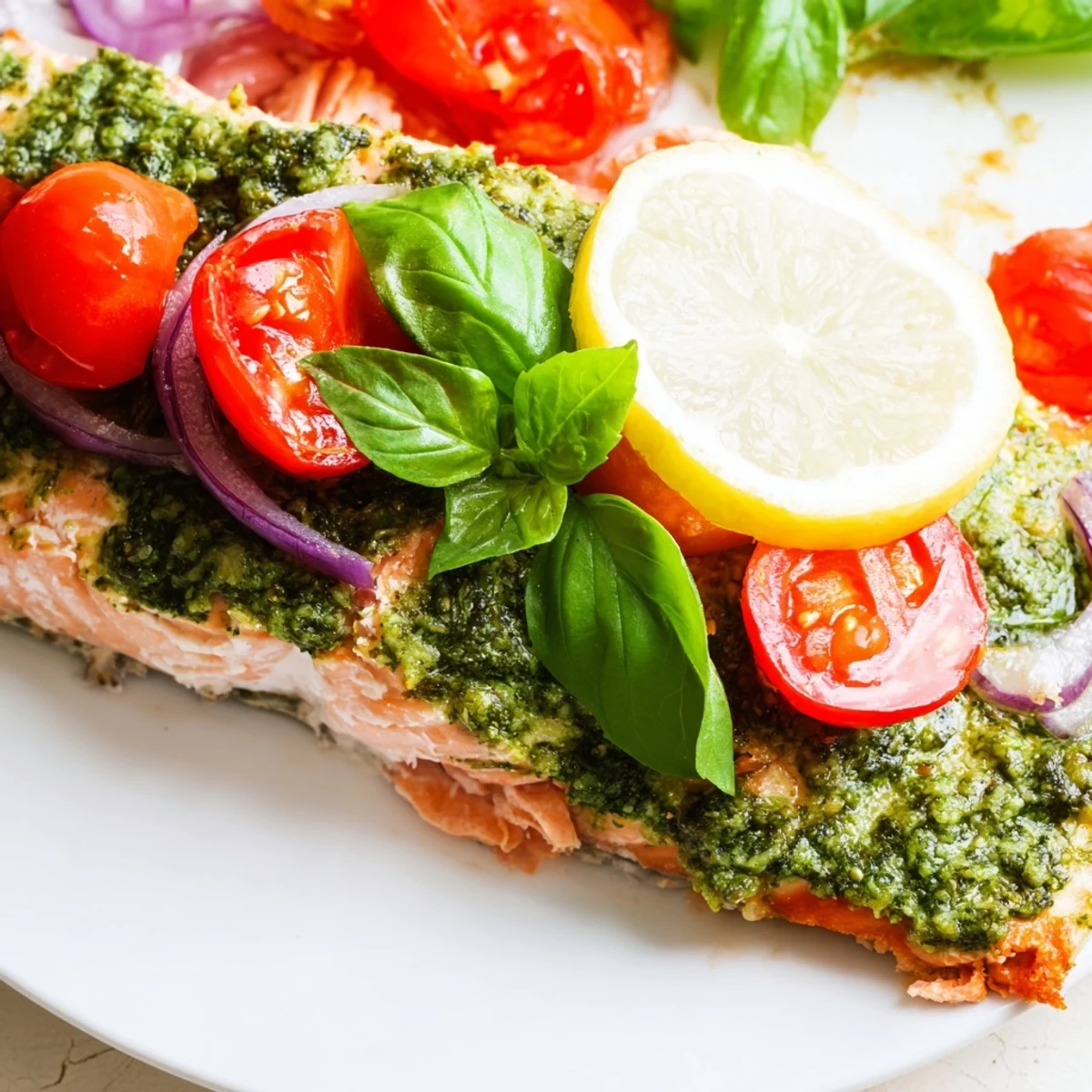 Golden Baked Salmon with Pesto and Cherry Tomatoes garnished with fresh basil leaves on a white ceramic plate.