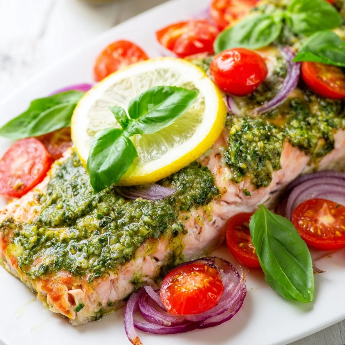 Herby Baked Salmon with Pesto and Cherry Tomatoes arranged on a baking tray with bubbling tomatoes and olive oil.